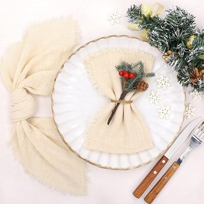 6 Stück 32x32cm 100% Baumwolle weiches Beige Mull C Hochzeits-Servietten Wiederverwendbares Blaues Band Geschirrtuch Rustikal Retro Fransen Servietten Für Abendessen, Party, Hochzeiten