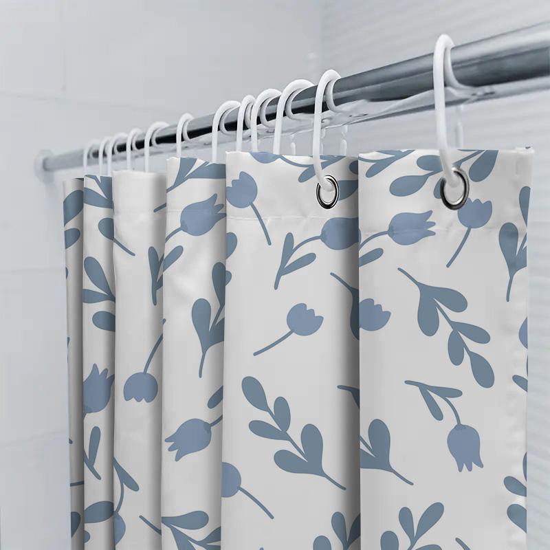 Rideau de Douche Floral Bleu Tissu Blanc Impression Serviette de Bain, Décoration d'Intérieur Rideaux de Douche Imperméables avec Anneaux Ensemble pour Salle de Bain D