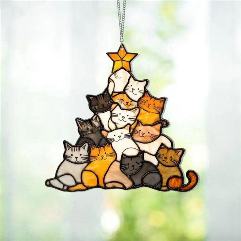 AEE2-Cat Sun Catcher Acrylic Stacking Kitten Ornaments Colorful Decoration Christmas Car Home Decorations