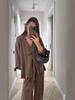 Women's Casual Set V-Neck One-Button Loose Long Sleeve Top High Waist Wide Leg Pants Two Piece Vintage Style Outfit