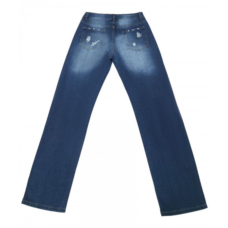 Womens Straight Fit Denim Jeans With Red Plaid Patchwork Distressed Ripped Detail