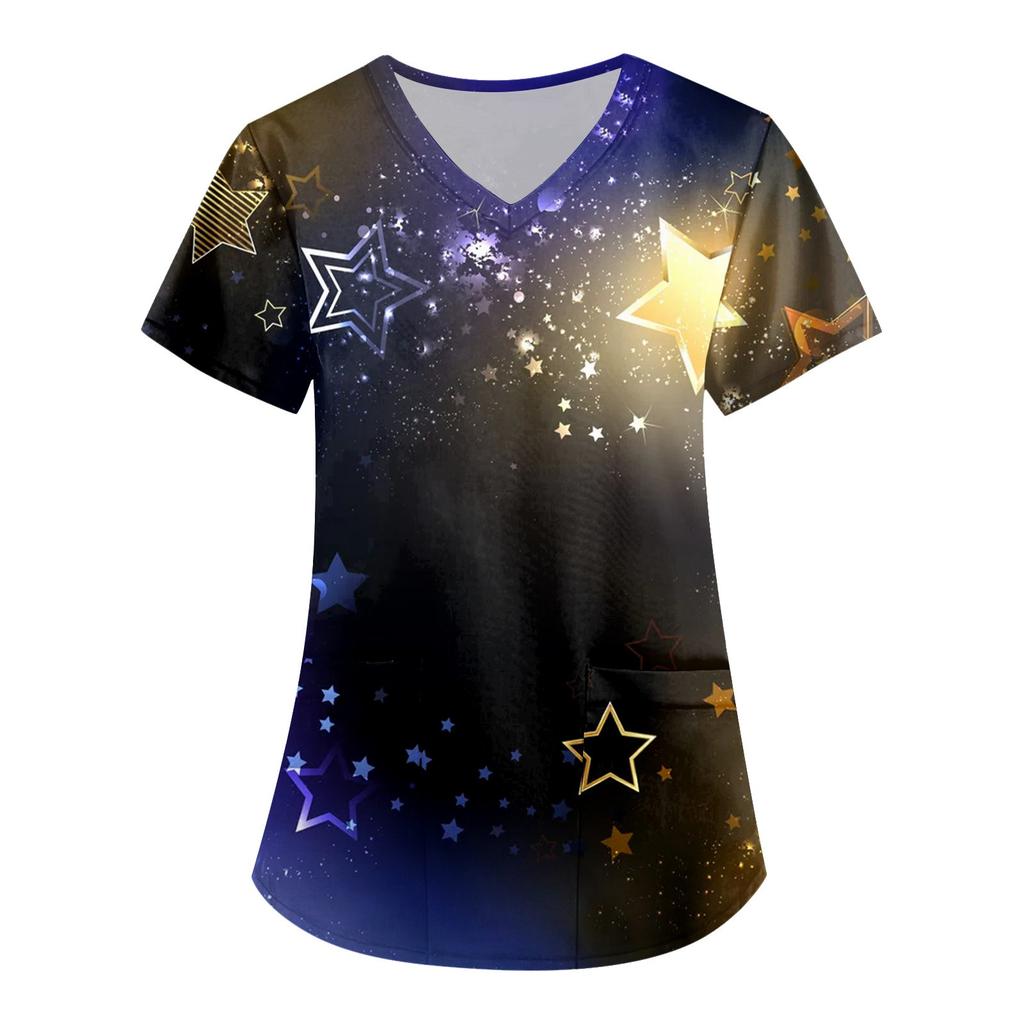 Women'S Christmas Printed Work Clothes V-Neck Double Layer Pockets Basic Top Pullover