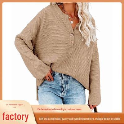 Pull ras du cou à manches longues pour femme, couleur unie, avec boutons - Mode de rue européenne/américaine, grande taille, vêtement polyvalent pour l'intérieur et l'extérieur