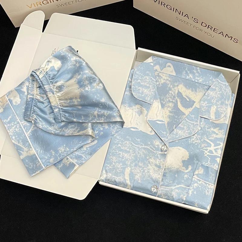 Style Romantic Star River Tie-dye Women's Pajamas French Elegant Classy Short Lady Sleepwear  Summer Home