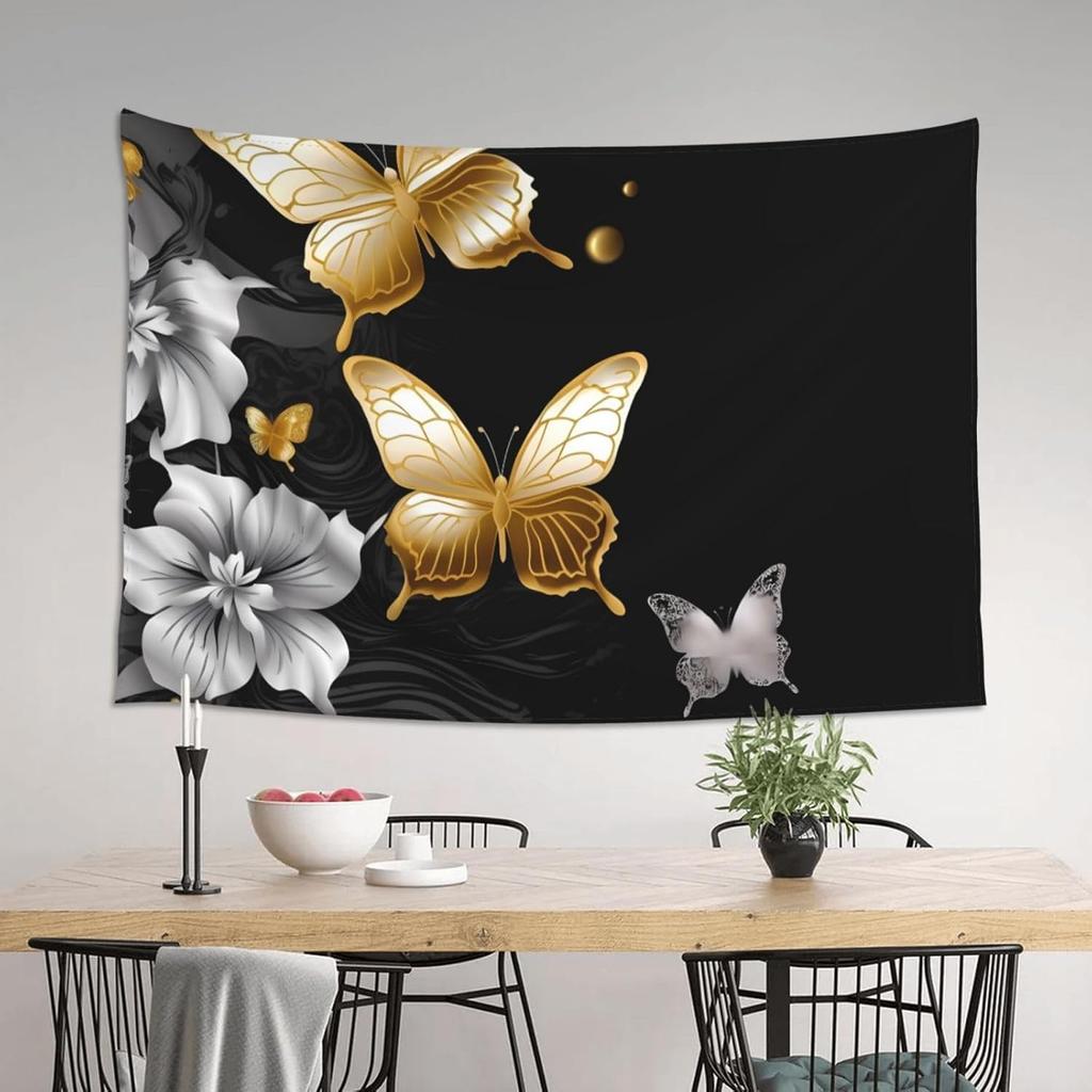 Tapestry Wall Hanging Posters Peach Velvet Art Wall Backdrop Posters Gold White Butterflies Black Wall Art No Damage For Home