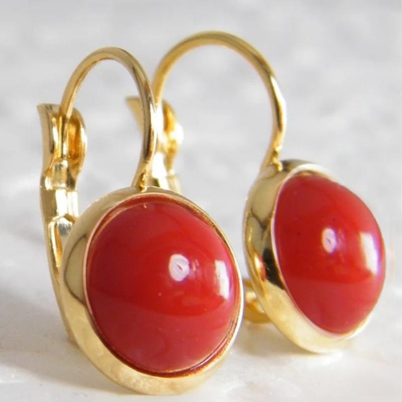 

Huitan Bright Round Red Stone Dangle Earrings Women Gold Color Temperament Lady Drop Earrings Party Bohemia Zircon Fancy Gift