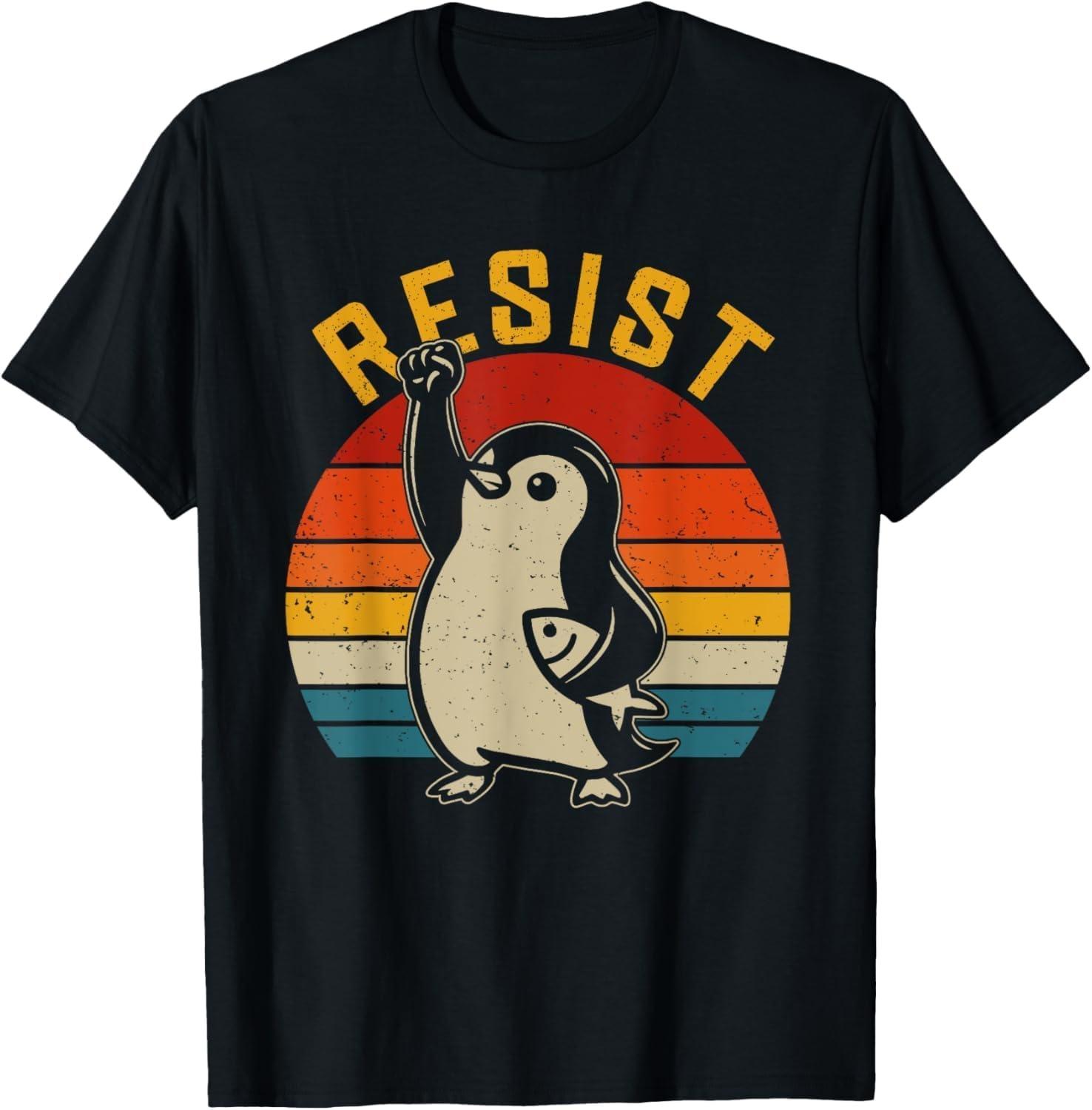 QINIHUI Funny Penguin Meme Resist Penguins Protest Against Tariffs T-Shirt S