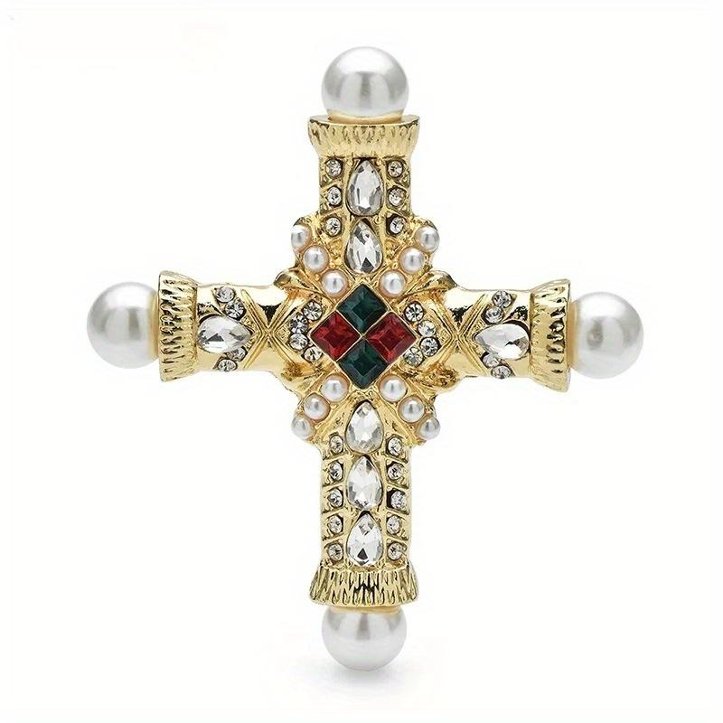 

1pc Cross Pearl Brooch, Diamond-encrusted Fashion Vintage Baroque Style Personality Temperament Clothing Accessory