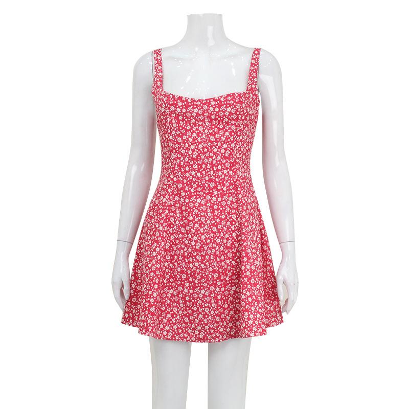 European and American Summer Women's Fashion Printed Suspender Dress Square Neck Halter Fresh and Sweet Floral A-word Short Skirt Women