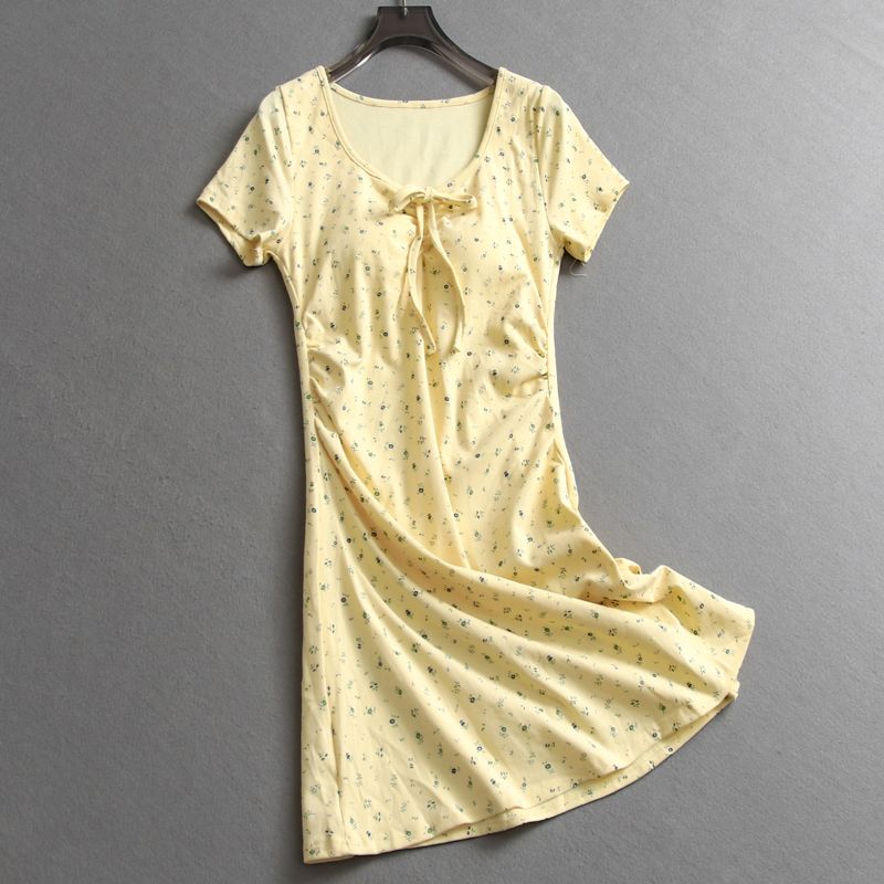 

Floral Slimming Slim fit Lace-up round Neck Pleated With Chest Pad Summer New Short sleeve T-shirt Skirt Women s Dress Z931 Yellow Short 1320 One size