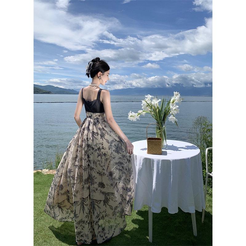 Летние женские лоскутные винтажные длинные платья с бретельками на шее XL чёрный/белый — фото 8