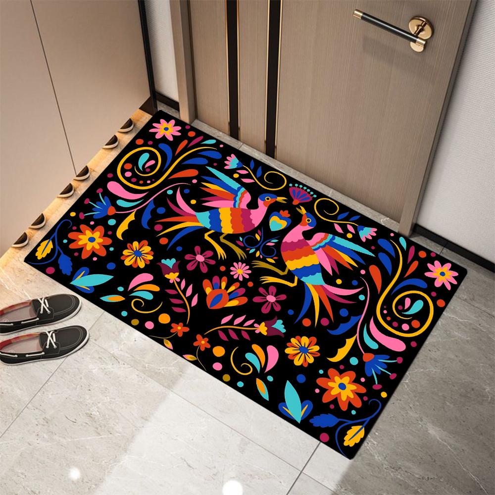 Mexican-style Flower Print Welcome Doormat Non-Slip Machine Washable Carpet for Living Room Bedroom Bathroom Kitchen Laundry Rug