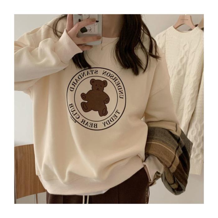 Fleece and thickened bear crew neck sweater women s 2025 new American retro loose pullover casual tide 3XL абрикосовый