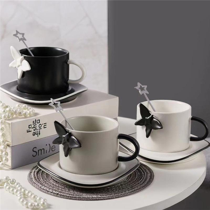 Nordic Style Minimalist Art Internet Celebrity Butterfly Ceramic Coffee Cups And Saucers, Home Office Exquisite Gifts Fashion Cups And Saucers