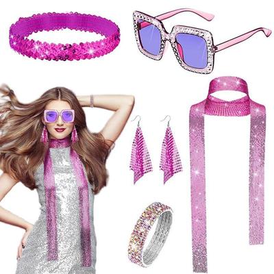 70s Disco Sequin Women's Accessory Set: Earrings, Scarf, Sunglasses, Bracelet, and Headband.