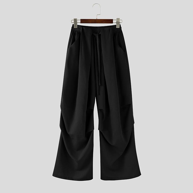 INCERUN Men Back Elastic Waist Ruffled Casual Long Wide Legs Pants with Pockets zwart