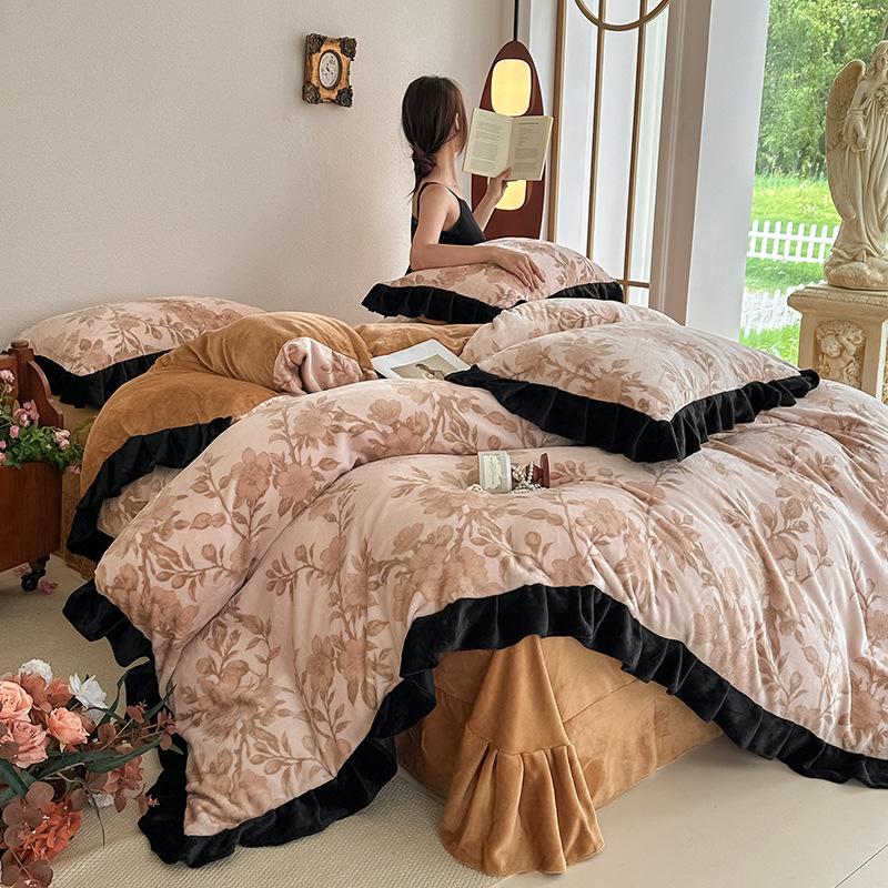 Four-Piece Set Of Thickened Milk Fleece On The Bed, High-Grade Warm Bed Sheet Quilt Cover, Coral Fleece Quilt Cover