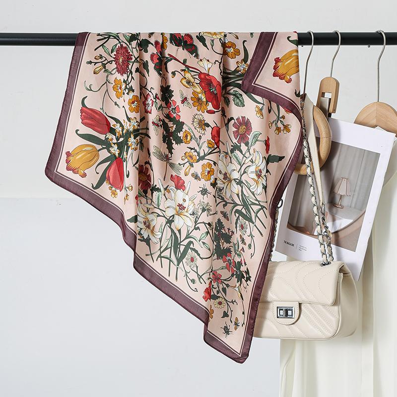 70X70Cm Simulation Square Silk Scarf Women Flower Pattern Printed Scarves Female Soft Satin Shawl Wrap Headband Kerchief Hijab