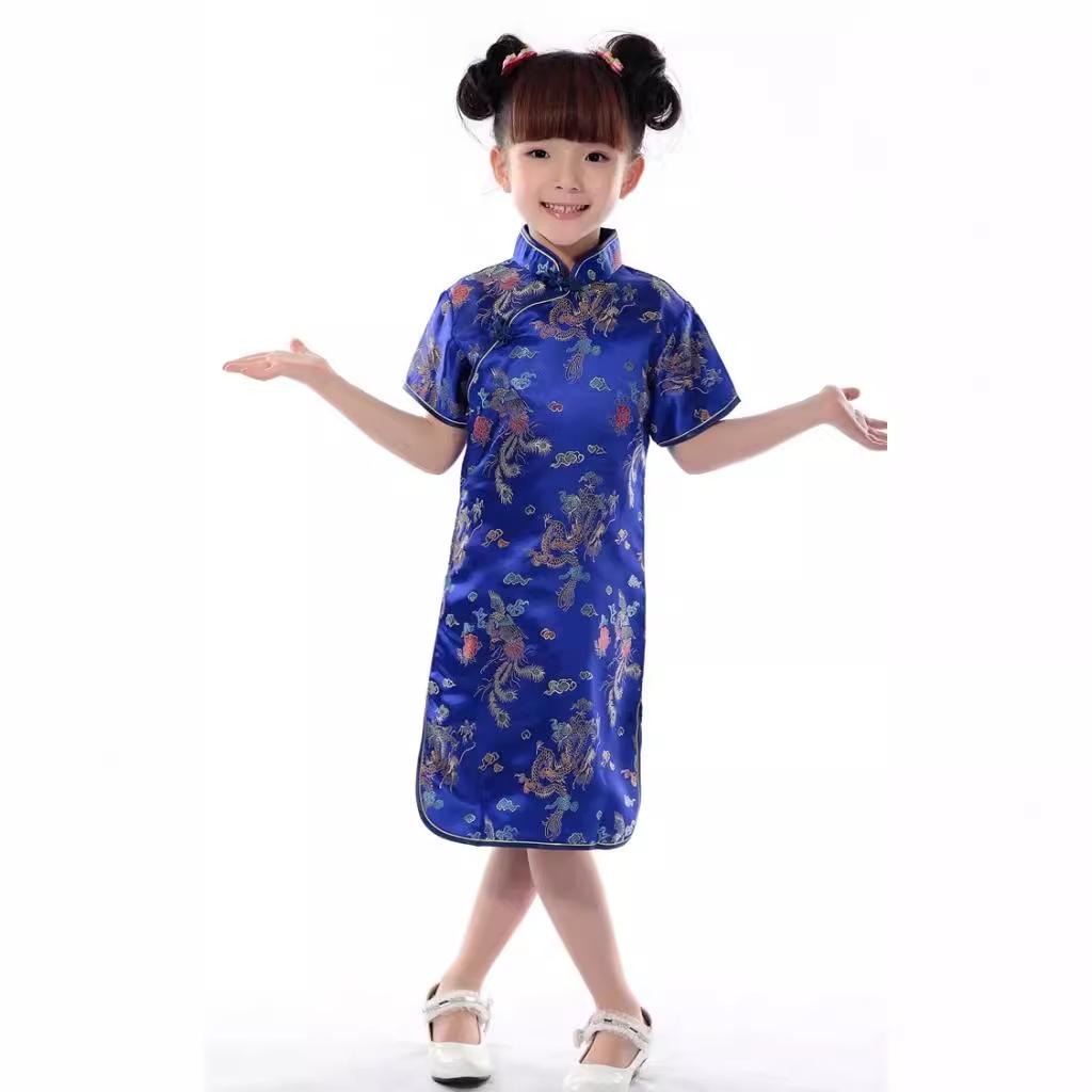 Girls' Ethnic Summer Dragon & Phoenix Tang Suit Qipao Performance Dress - Red