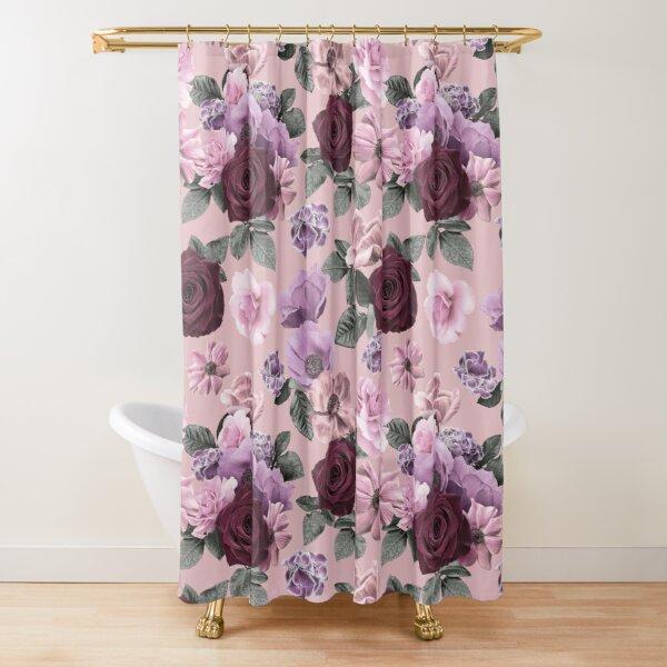 Cortina de ducha con diseño floral, color rosa oscuro, negro, rojo, verde, hojas, flores coloridas, mariposas, cortinas góticas para baño, decoración vintage para baño