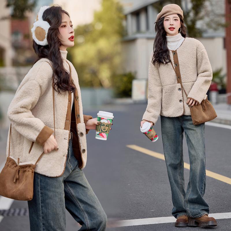 

Женское пальто из овечьей шерсти в корейском стиле: Осень/Зима Свободный крой, Круглый вырез с карманом - YB3351. L (110-125 jin) хаки