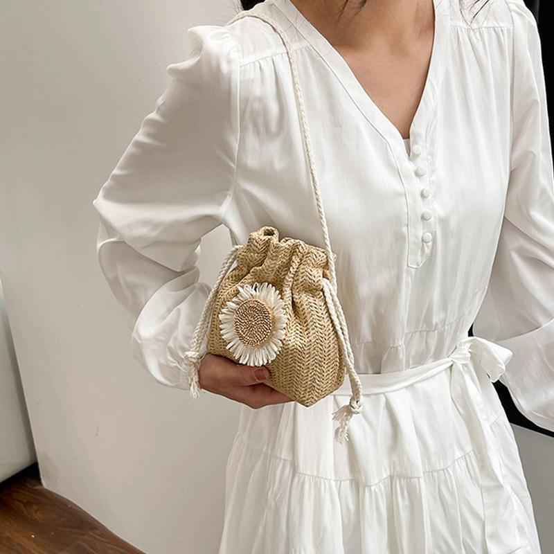 Słomkowe torby plażowe ze sznurkiem, torby z haftem kwiatowym, damskie plażowe torby typu bucket crossbody do podróży