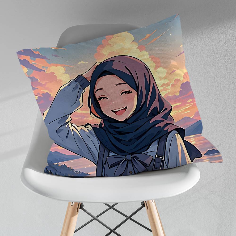 Cartoon Arabic Muslim Girls Throw Pillow Case Living Room Sofa Cushion Cover For Home Bedroom Decoration Protector