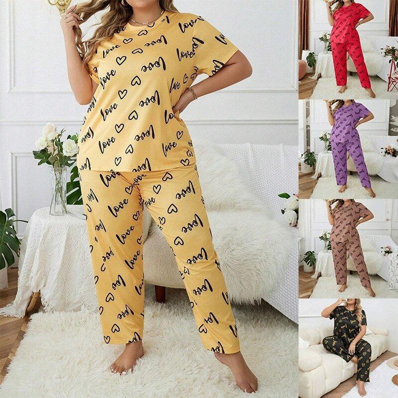 Women's Plus Size Heart Print Pajama Set with Round Neck and Short Sleeves for Spring and Autumn