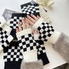 New Black and White Checkerboard Plaid Gloves Half Finger Gloves for Couples Knitted Typable Student Fingerless Warm Gloves