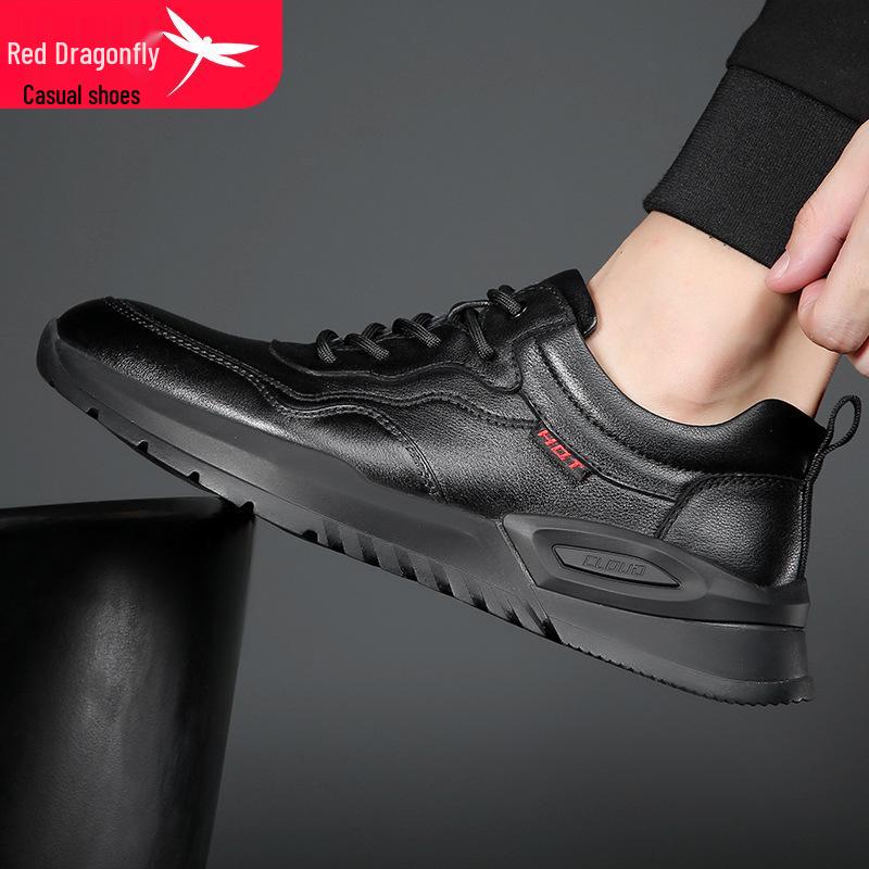 Red Dragonfly Men's Casual Waterproof Leather Sports Shoes for Autumn and Spring