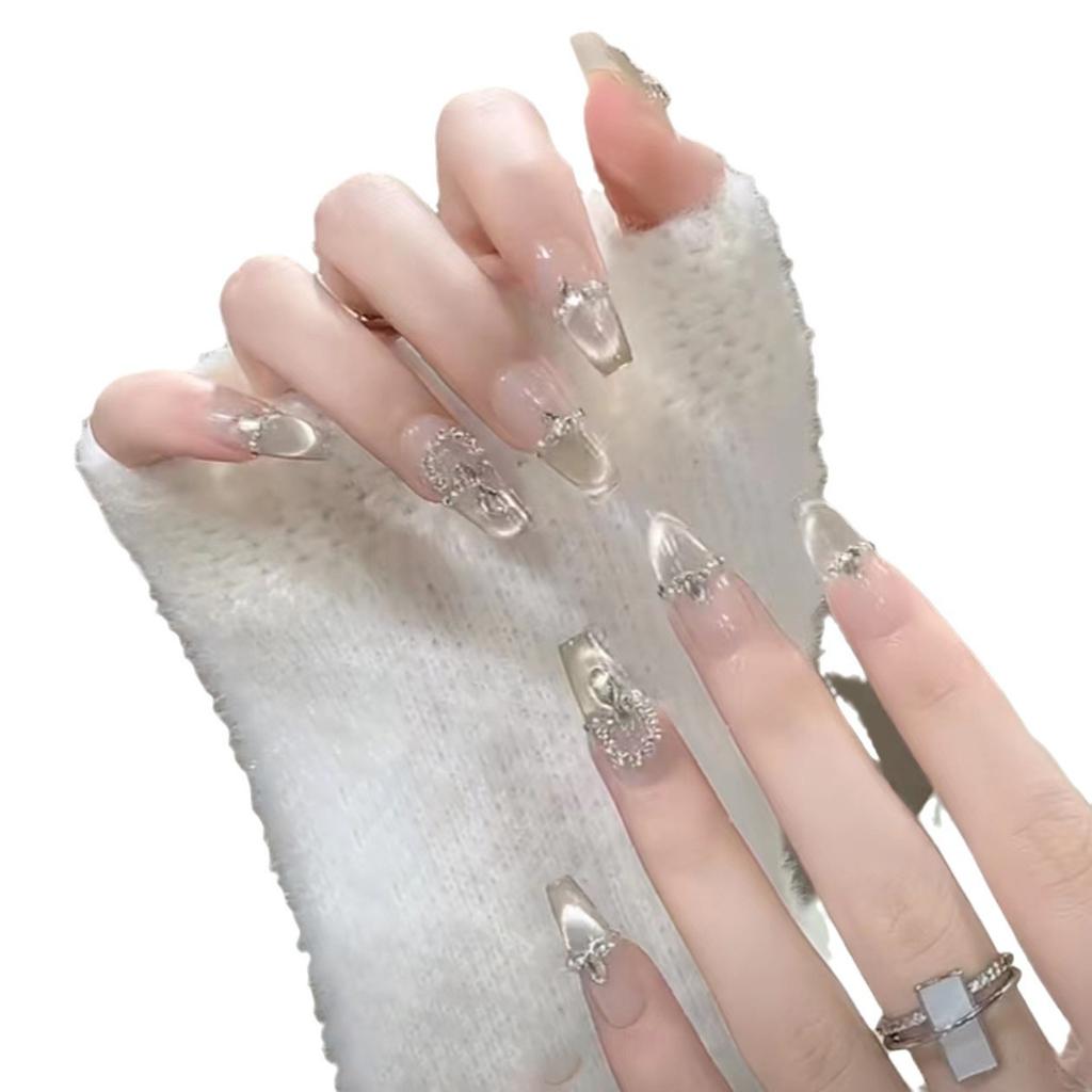 Wearing Armor Pure Handmade Manicure Finished Product Fake Nail Patch Nude Color Highlight Silver Cat Eye Flashing Bead Curtain Diamond