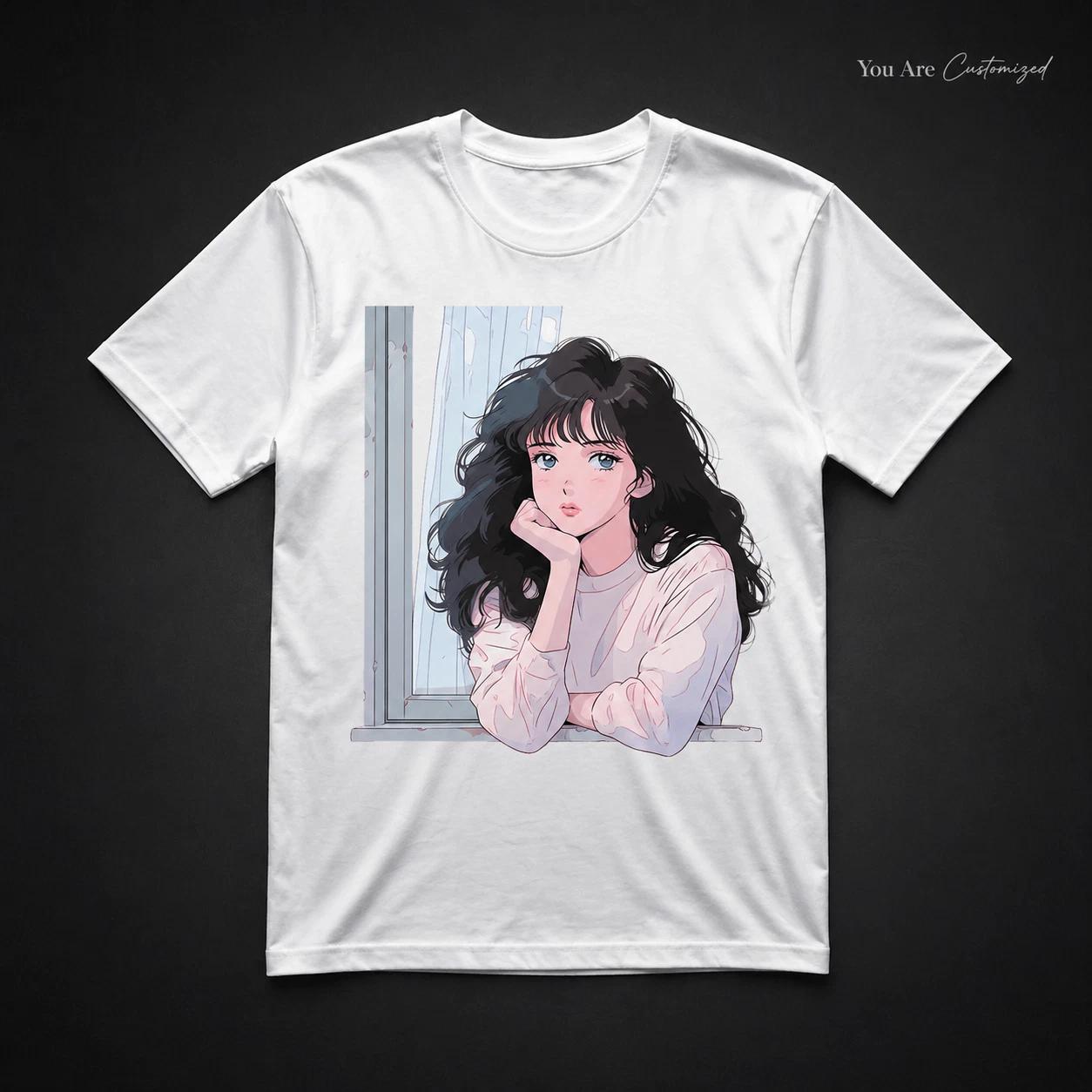 Anime Girl Window Graphic T-Shirt Black or White Unisex Aesthetic Manga Tee S