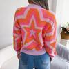 Women Y2K Autumn Winter Contrast Star Long Sleeve Pullover Sweater O Neck Knitted Tops