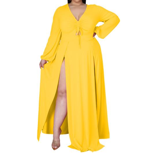 Einfarbiges Maxikleid mit geteiltem Saum für Damen, V-Ausschnitt, gerafft, bodenlang, übergroßes Kleid, Streetwear