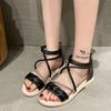 Diamond Ladies Shoes Strappy Black Flat Rubber Women's Sandals Roman Style Low Price Korea 2025 Luxury Sandal Summer Comfortable