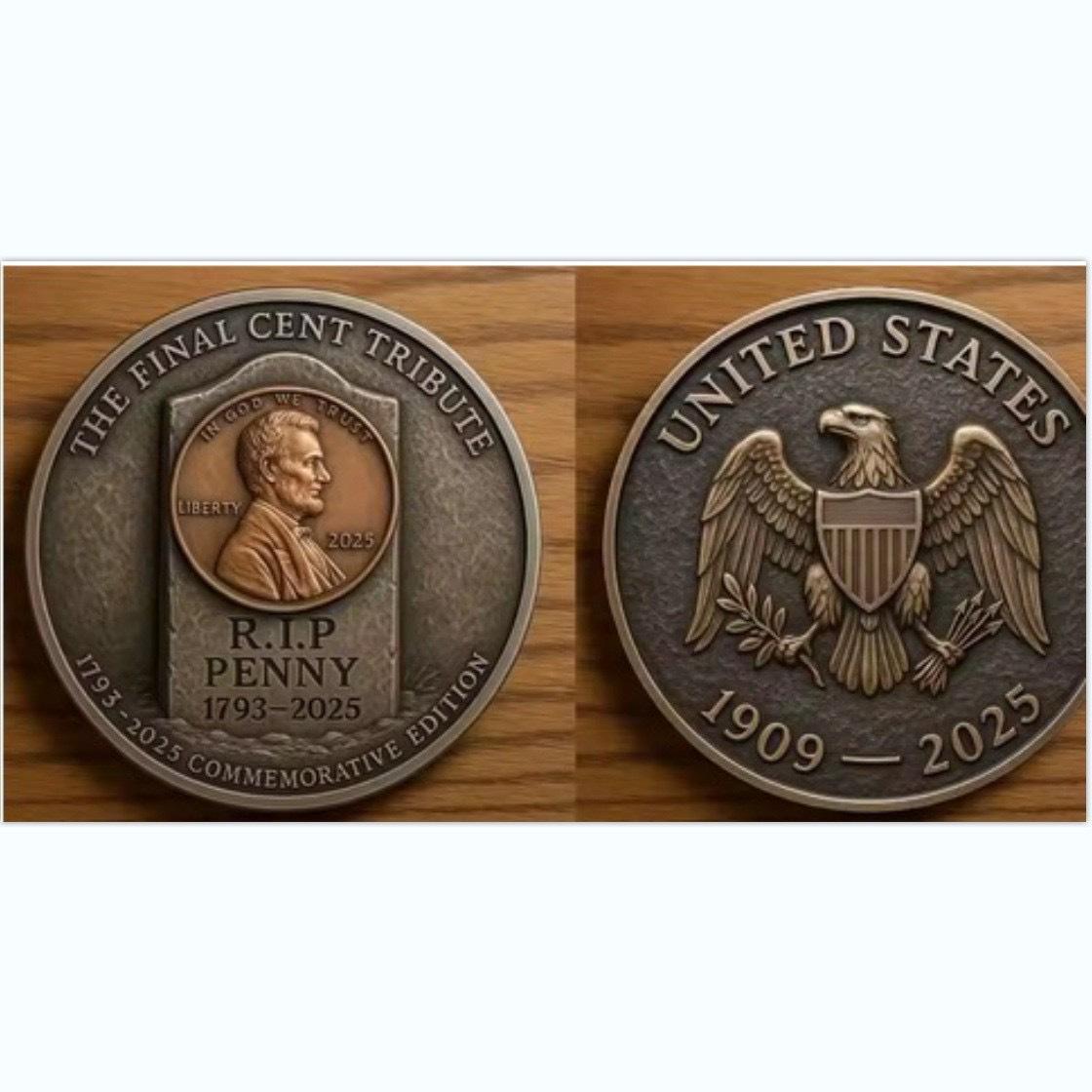 One cent coin, Lincoln Medal, Final Cent, 1909-2025, coins, metal reliefs, cultural and creative industries