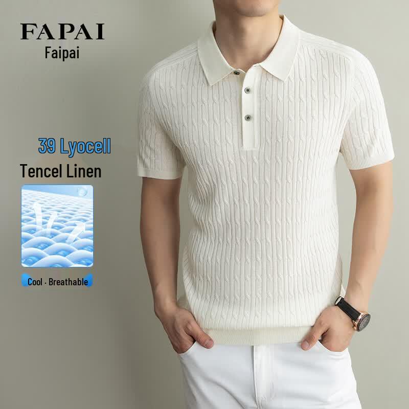 FAPAI Men s Short Sleeve Tencel Linen Polo Shirt M