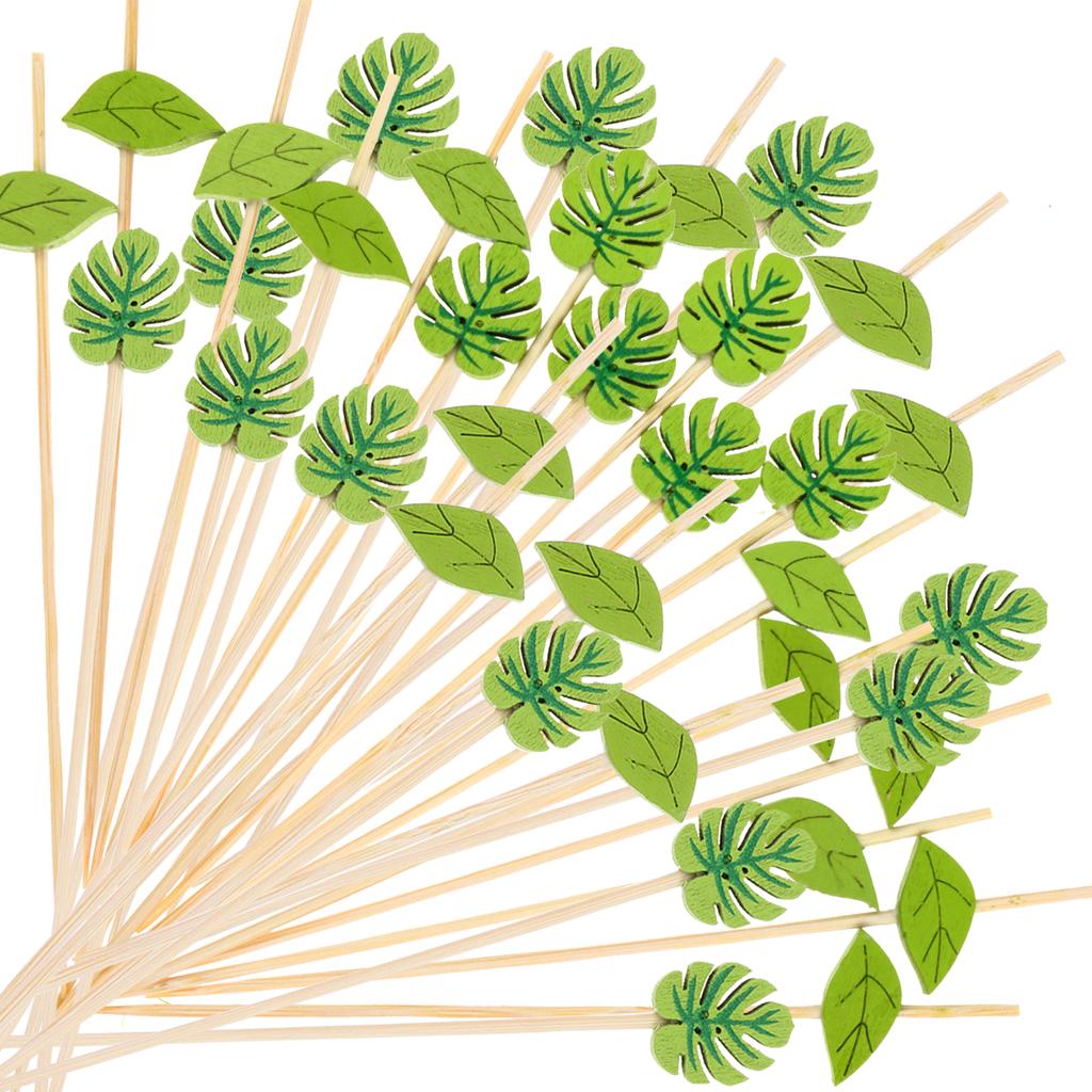 200Pcs Disposable Green Leaf Cocktail Picks Plam Leaf Handmade Toothpicks Bamboo