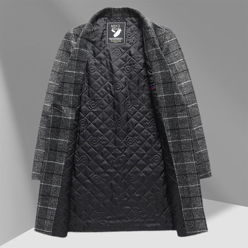 Autumn and Winter Woolen Coat Men's Medium and Long Business Casual Plaid Cotton Thickened Woolen Coat