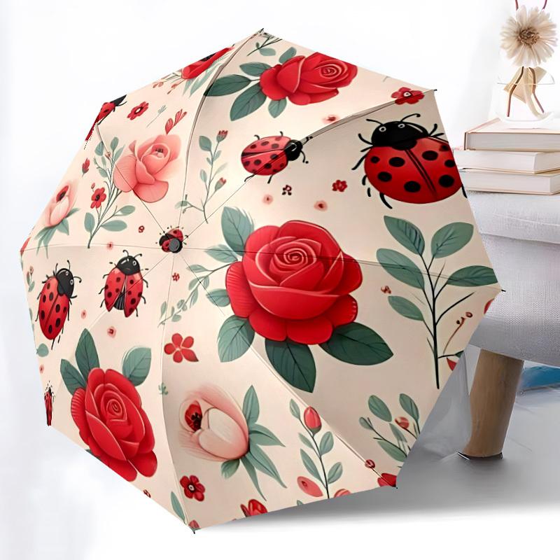 

1pc Ladybug Floral Automatic Opening/Closing Folding Umbrella with 8 Ribs, Portable Sunshade Umbrella Birthday and Holidays gifts yy250105092