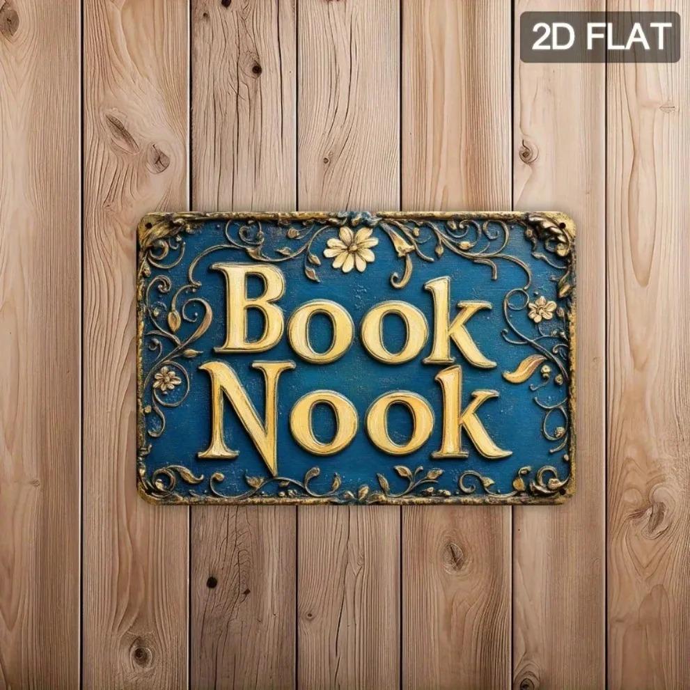 Vintage Rustic Book Nook Metal Wall Sign Floral Gold Letters Home Decor Gift