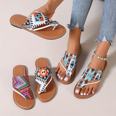 Flache Pantoletten mit Tribal-Grafik für Damen, lässige Sommer-Outdoor-Schuhe mit Zehenschlaufe, leichte Pantoletten