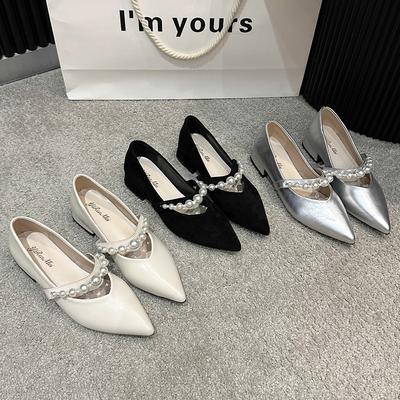 Mary Jane Single Shoes Niche Low Pointed Silver with One-word Buckle Heels Shallow Slope Temperament Spring and Summer