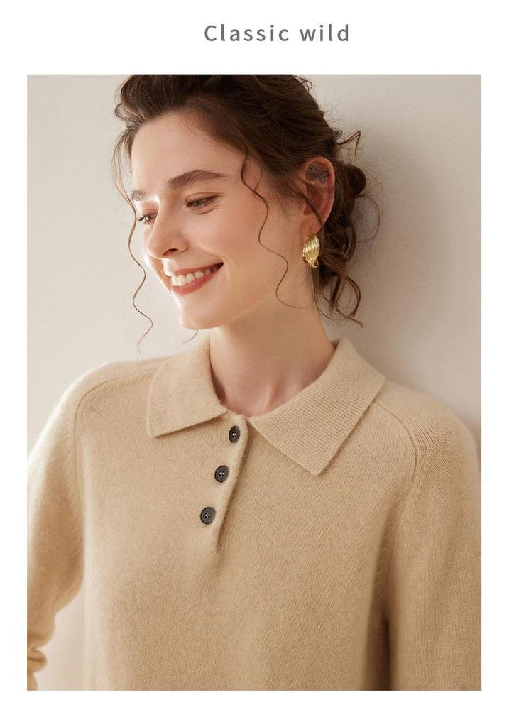 Women's 2024 Autumn/Winter Cashmere Polo Neck Half-Button Loose Slimming Pullover Sweater
