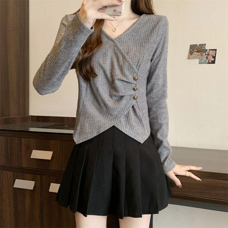 Women's Plus Size Ribbed Irregular Long Sleeve Top - Korean Style, Loose Fit, Slimming Base Layer for Autumn/Winter.