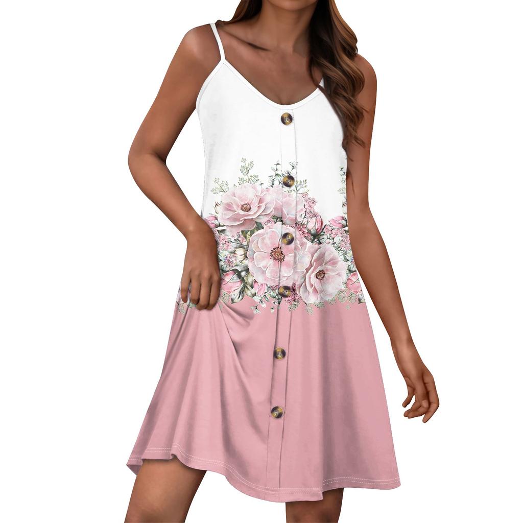 Lässiges Sommerkleid für Damen mit Taschen, Sommer-Boho-Strandkleid, Urlaubskleider für Damen, V-Ausschnitt, Knöpfe, lockere Tank-Kleider