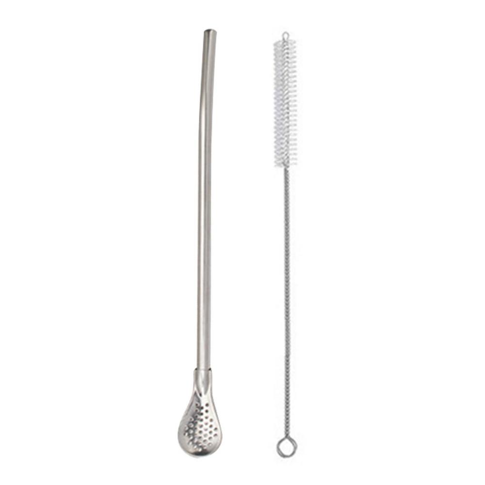 Detachable Filter Straw Spoon Stainless Steel Tea Filter Yerba Mate Straw Reusable Bar Drinking Tools with Cleaning Brush