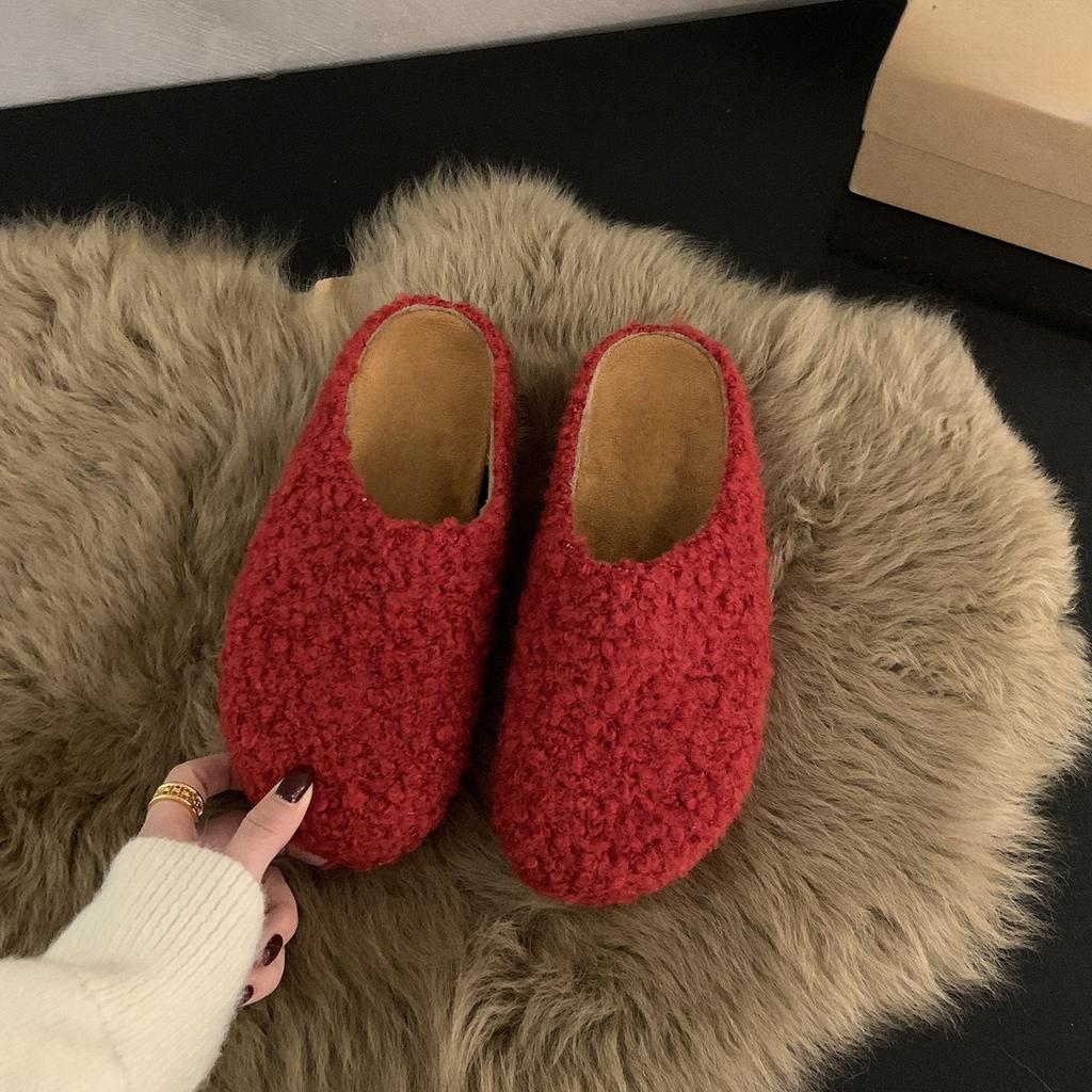 Platform Slippers Women's Autumn and Winter Retro Fluffy Bag Head Half Slippers Women Wear Lazy Muller Shoes
