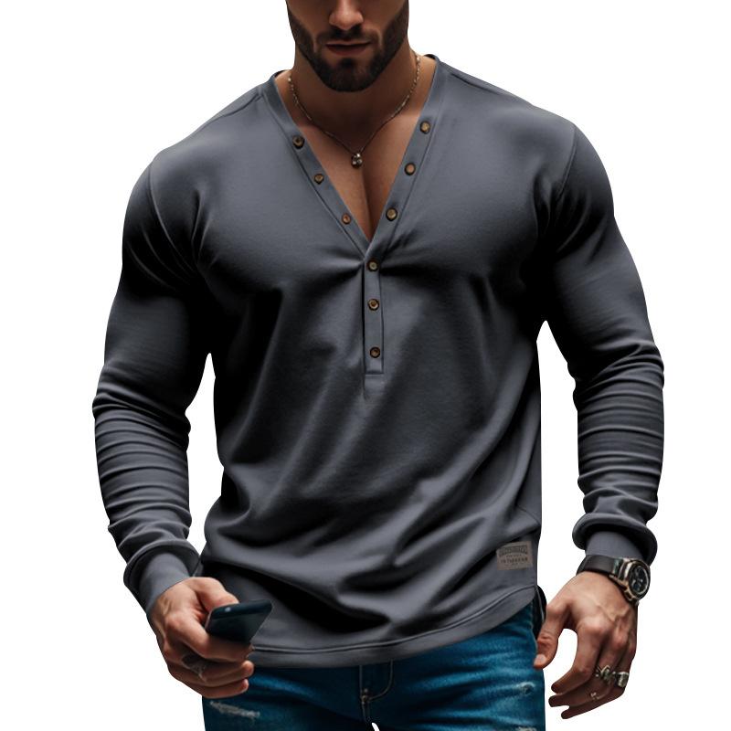 Men's Spring and Autumn Solid Color Men's T-shirt Long Sleeve Casual Slim Button-down V-neck Top