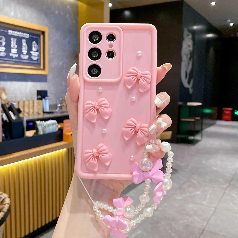 

3D Жемчужно-розовый Бант Шнурок Чехол для Телефона Для Samsung Galaxy S24 S25 Ultra S23 S22 S21 Plus A53 A54 Браслет Ремешок на Запястье Мягкий Чехол For Galaxy S25 Plus